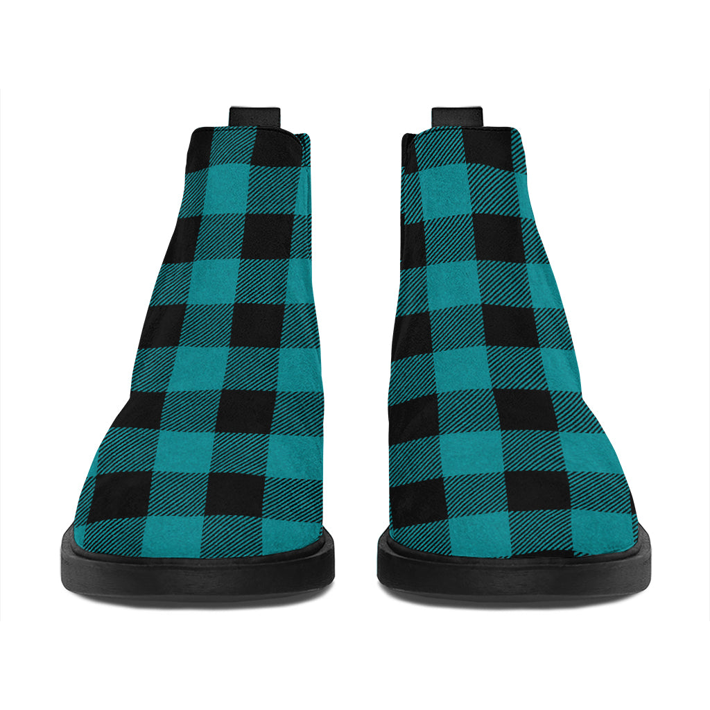 Teal And Black Buffalo Check Print Flat Ankle Boots