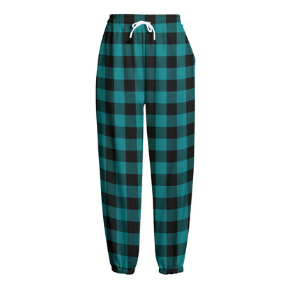 Teal And Black Buffalo Check Print Fleece Lined Knit Pants