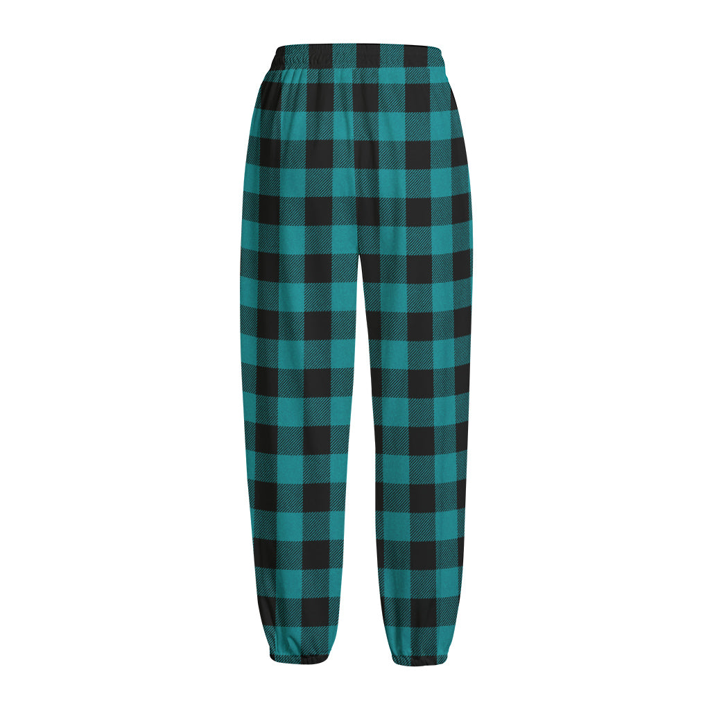 Teal And Black Buffalo Check Print Fleece Lined Knit Pants