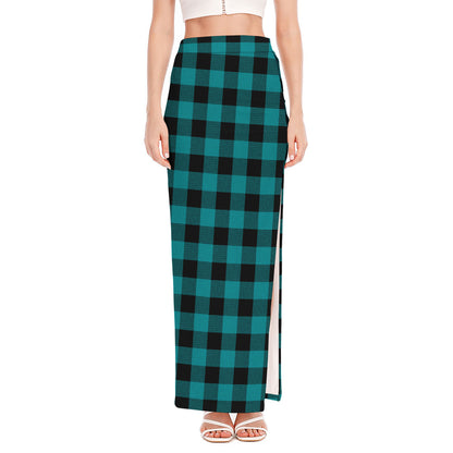 Teal And Black Buffalo Check Print High Slit Maxi Skirt