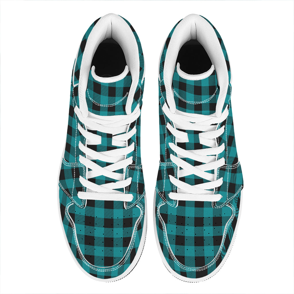 Teal And Black Buffalo Check Print High Top Leather Sneakers