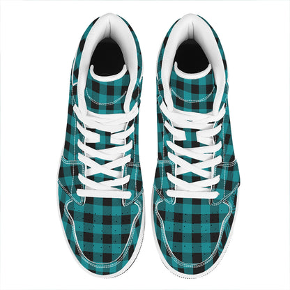 Teal And Black Buffalo Check Print High Top Leather Sneakers