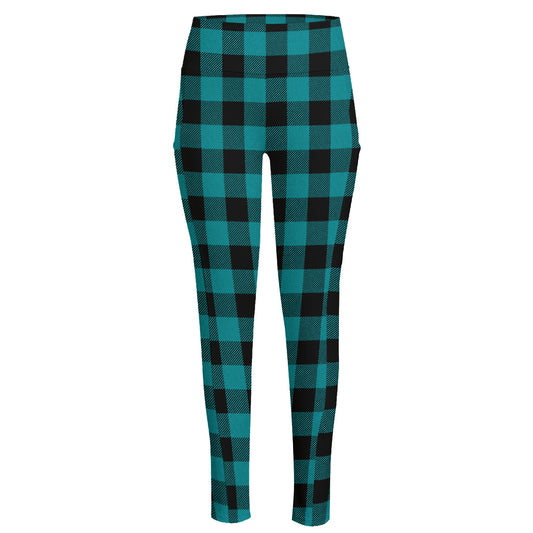 Teal And Black Buffalo Check Print High-Waisted Pocket Leggings