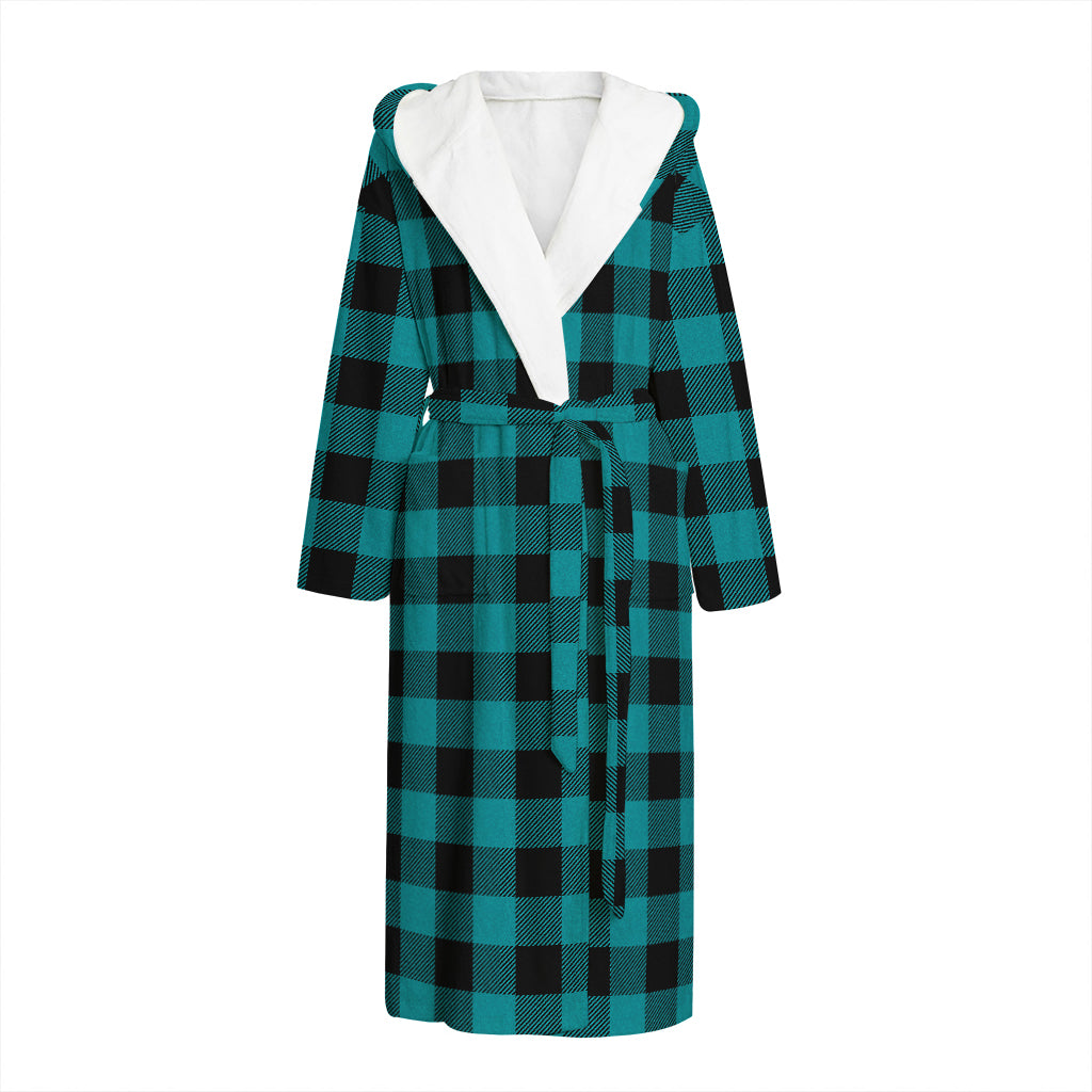 Teal And Black Buffalo Check Print Hooded Bathrobe