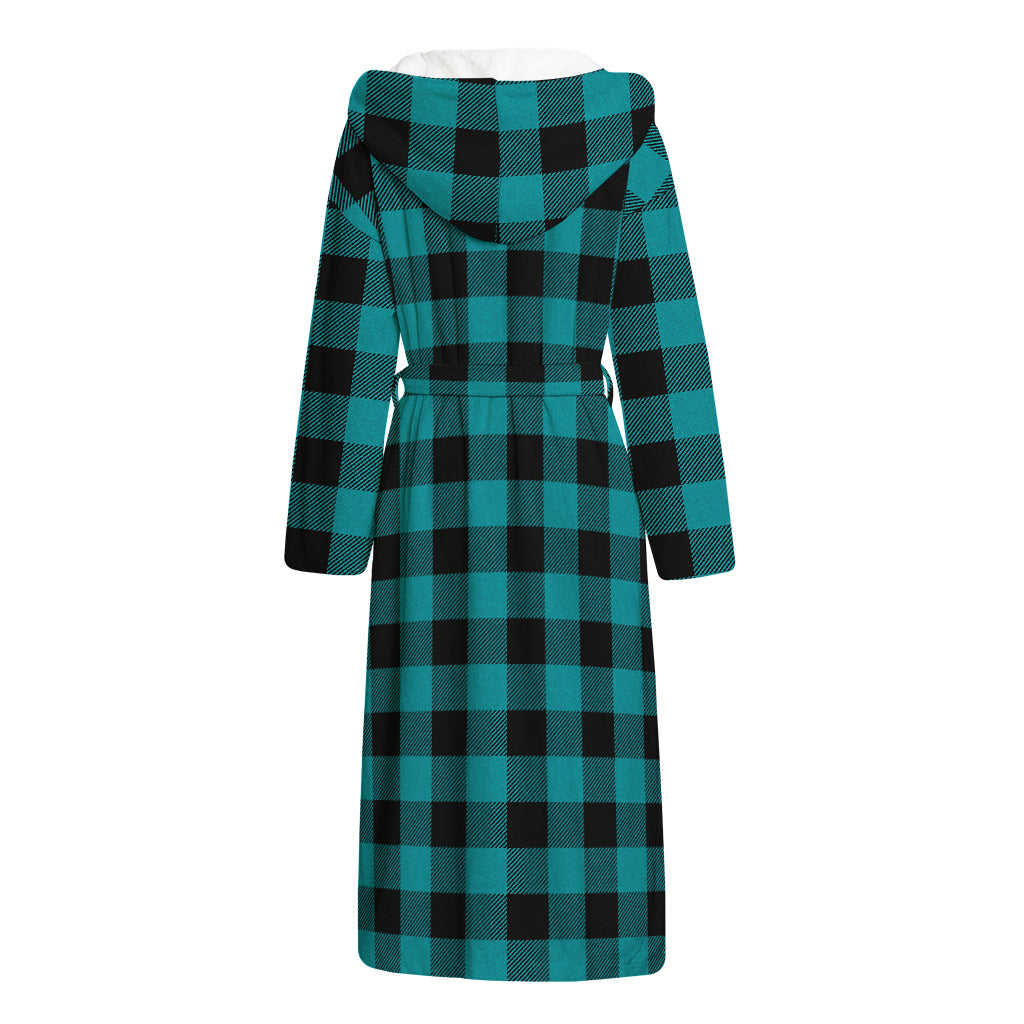 Teal And Black Buffalo Check Print Hooded Bathrobe
