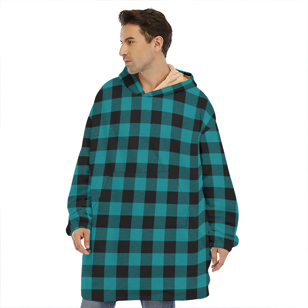 Teal And Black Buffalo Check Print Hoodie Blanket
