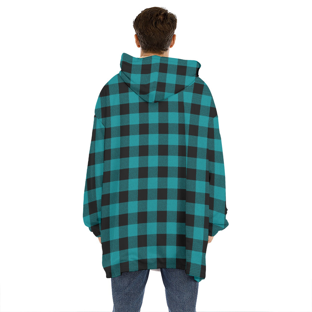 Teal And Black Buffalo Check Print Hoodie Blanket