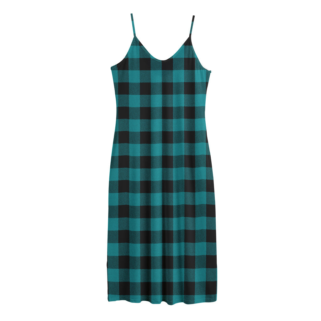 Teal And Black Buffalo Check Print Jersey Midi Cami Dress