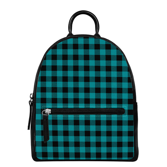 Teal And Black Buffalo Check Print Leather Backpack