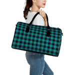 Teal And Black Buffalo Check Print Leather Duffle Bag