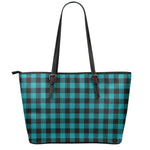 Teal And Black Buffalo Check Print Leather Tote Bag
