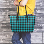 Teal And Black Buffalo Check Print Leather Tote Bag