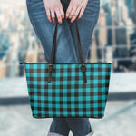 Teal And Black Buffalo Check Print Leather Tote Bag