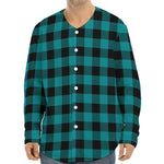 Teal And Black Buffalo Check Print Long Sleeve Baseball Jersey