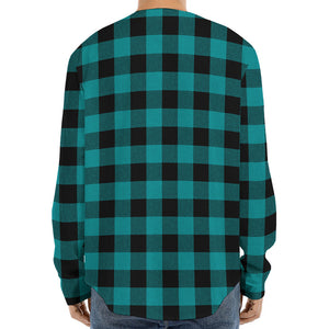 Teal And Black Buffalo Check Print Long Sleeve Baseball Jersey