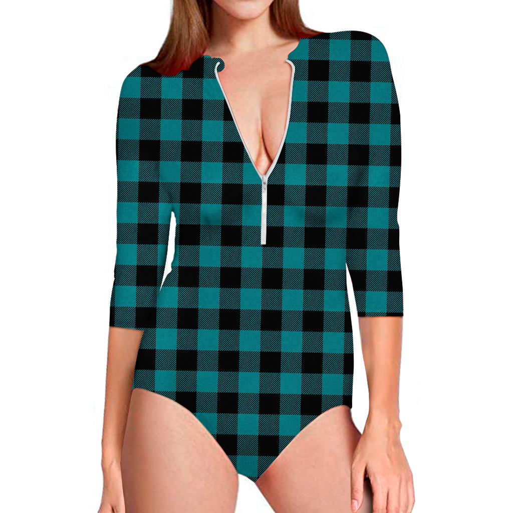 Teal And Black Buffalo Check Print Long Sleeve Swimsuit