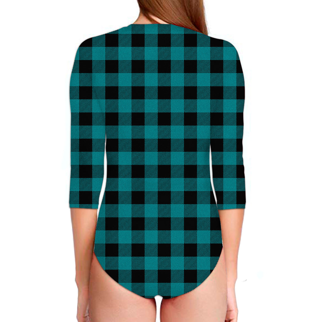 Teal And Black Buffalo Check Print Long Sleeve Swimsuit