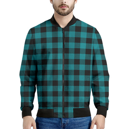 Teal And Black Buffalo Check Print Men's Bomber Jacket