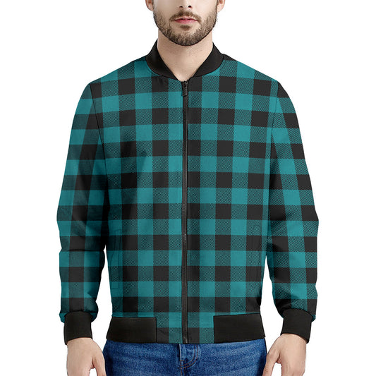 Teal And Black Buffalo Check Print Men's Bomber Jacket