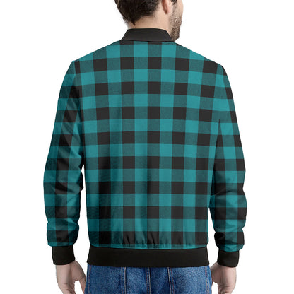 Teal And Black Buffalo Check Print Men's Bomber Jacket