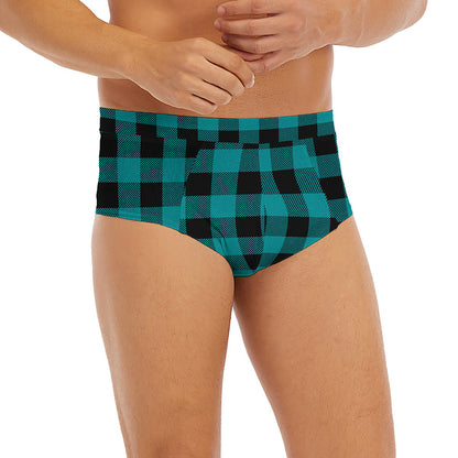 Teal And Black Buffalo Check Print Men's Briefs
