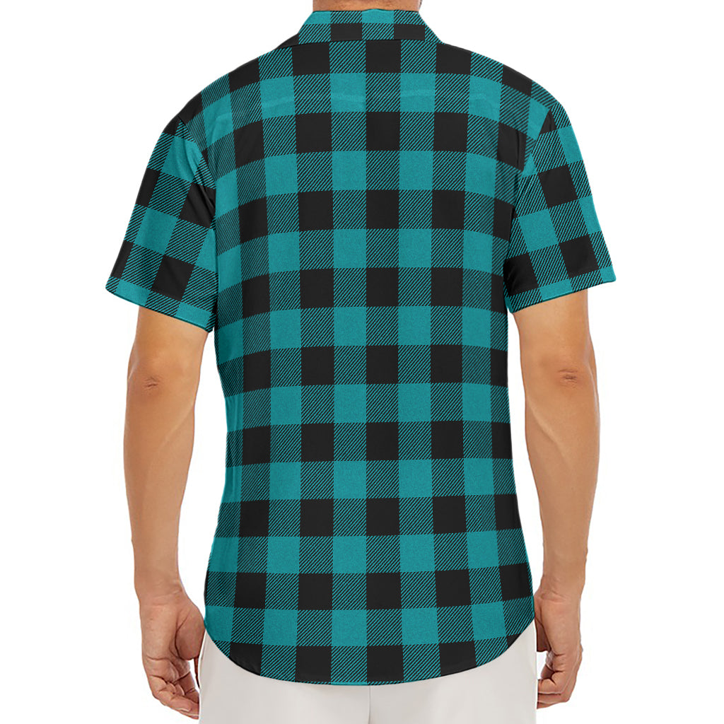 Teal And Black Buffalo Check Print Men's Deep V-Neck Shirt