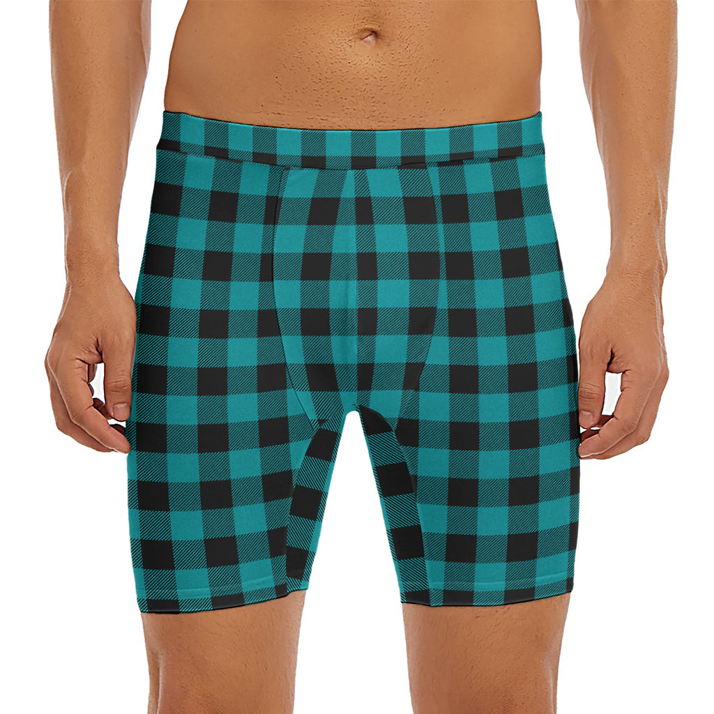 Teal And Black Buffalo Check Print Men's Long Boxer Briefs