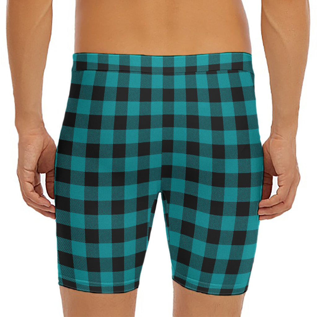 Teal And Black Buffalo Check Print Men's Long Boxer Briefs