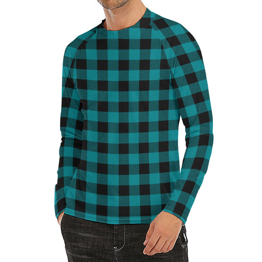 Teal And Black Buffalo Check Print Men's Long Sleeve Rash Guard