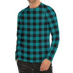 Teal And Black Buffalo Check Print Men's Long Sleeve Rash Guard