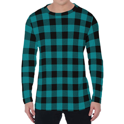Teal And Black Buffalo Check Print Men's Long Sleeve T-Shirt