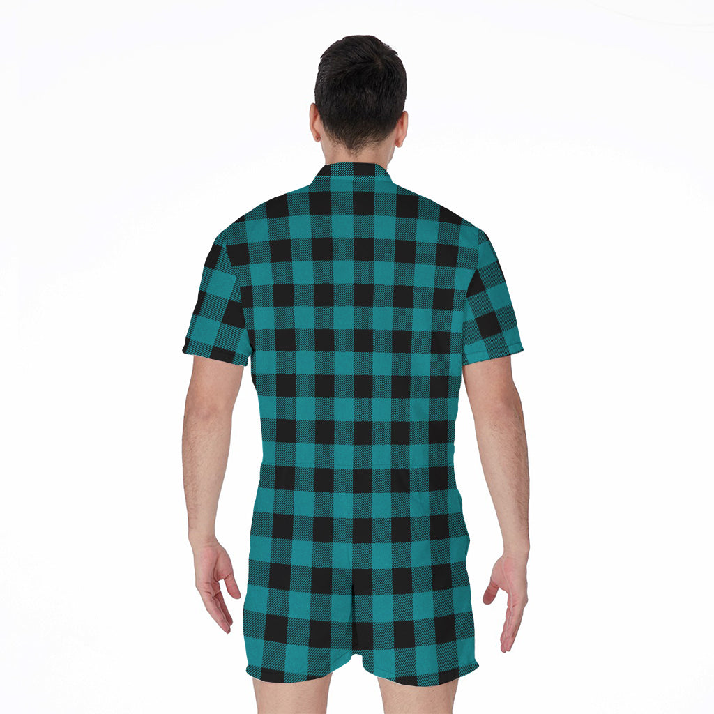 Teal And Black Buffalo Check Print Men's Rompers