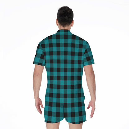 Teal And Black Buffalo Check Print Men's Rompers