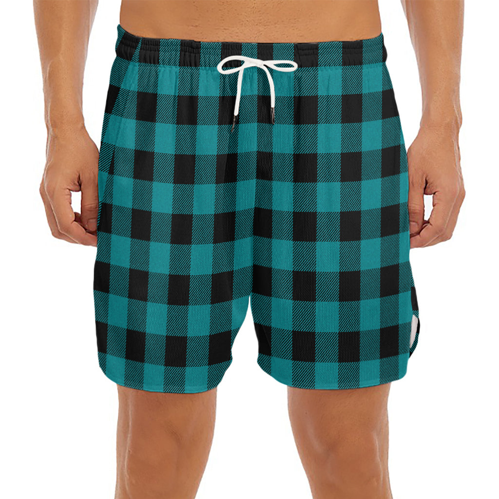 Teal And Black Buffalo Check Print Men's Split Running Shorts