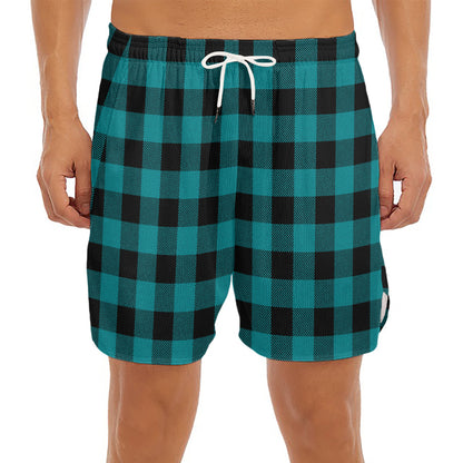 Teal And Black Buffalo Check Print Men's Split Running Shorts
