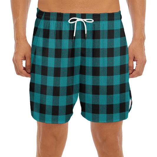 Teal And Black Buffalo Check Print Men's Split Running Shorts