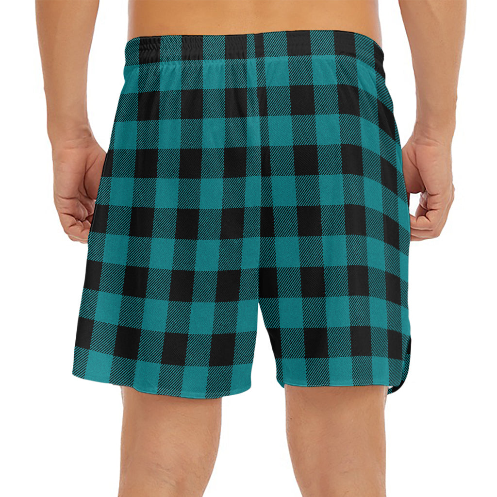 Teal And Black Buffalo Check Print Men's Split Running Shorts