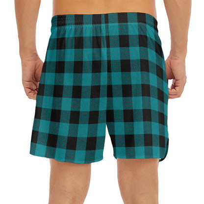 Teal And Black Buffalo Check Print Men's Split Running Shorts