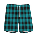 Teal And Black Buffalo Check Print Men's Sports Shorts