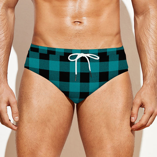 Teal And Black Buffalo Check Print Men's Swim Briefs