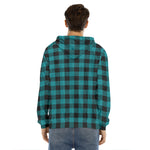 Teal And Black Buffalo Check Print Men's Velvet Pullover Hoodie