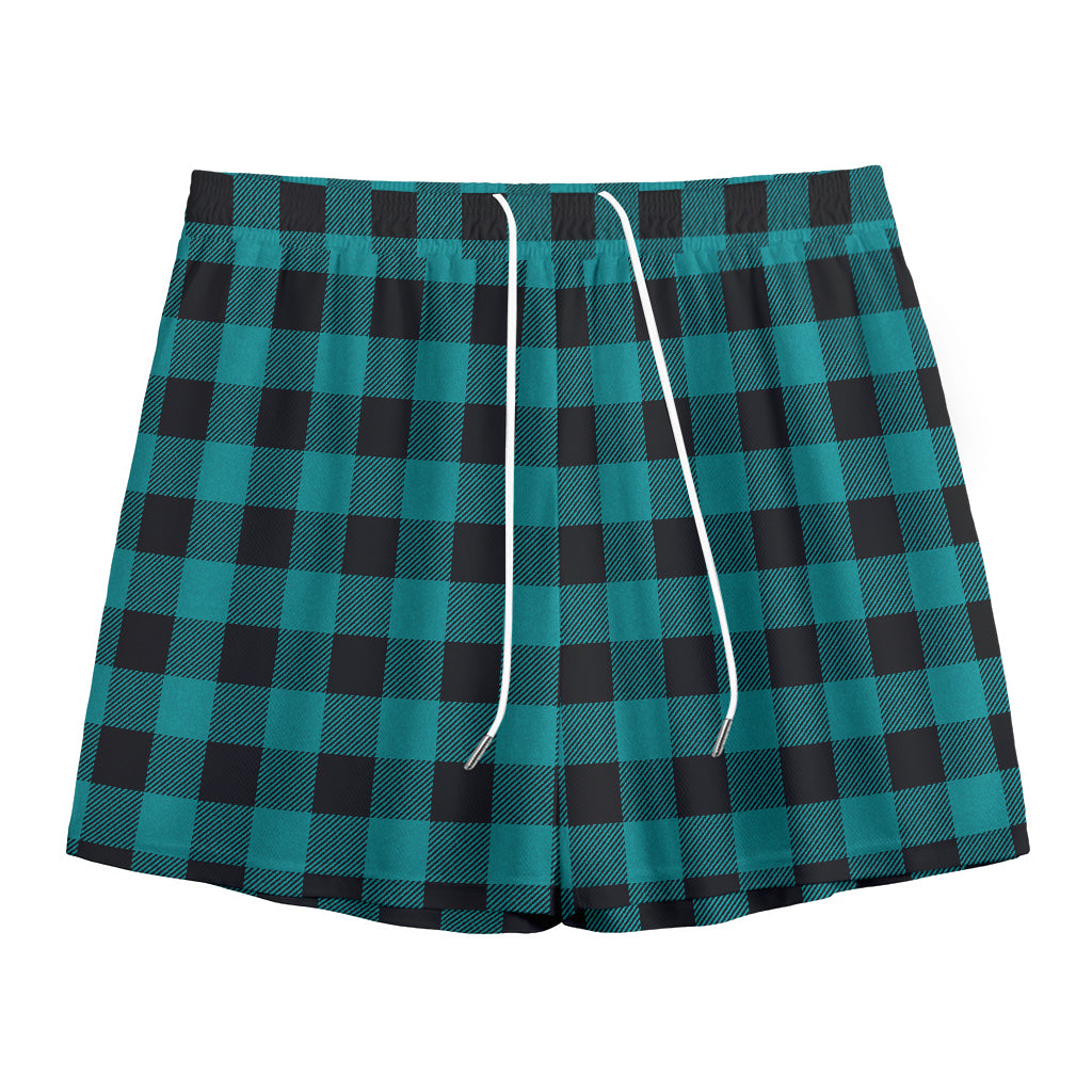 Teal And Black Buffalo Check Print Mesh Shorts
