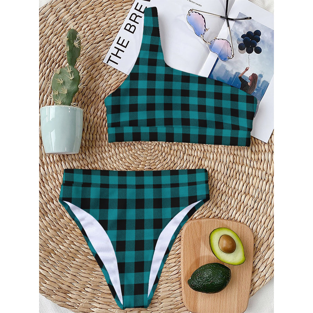 Teal And Black Buffalo Check Print One Shoulder Bikini Top