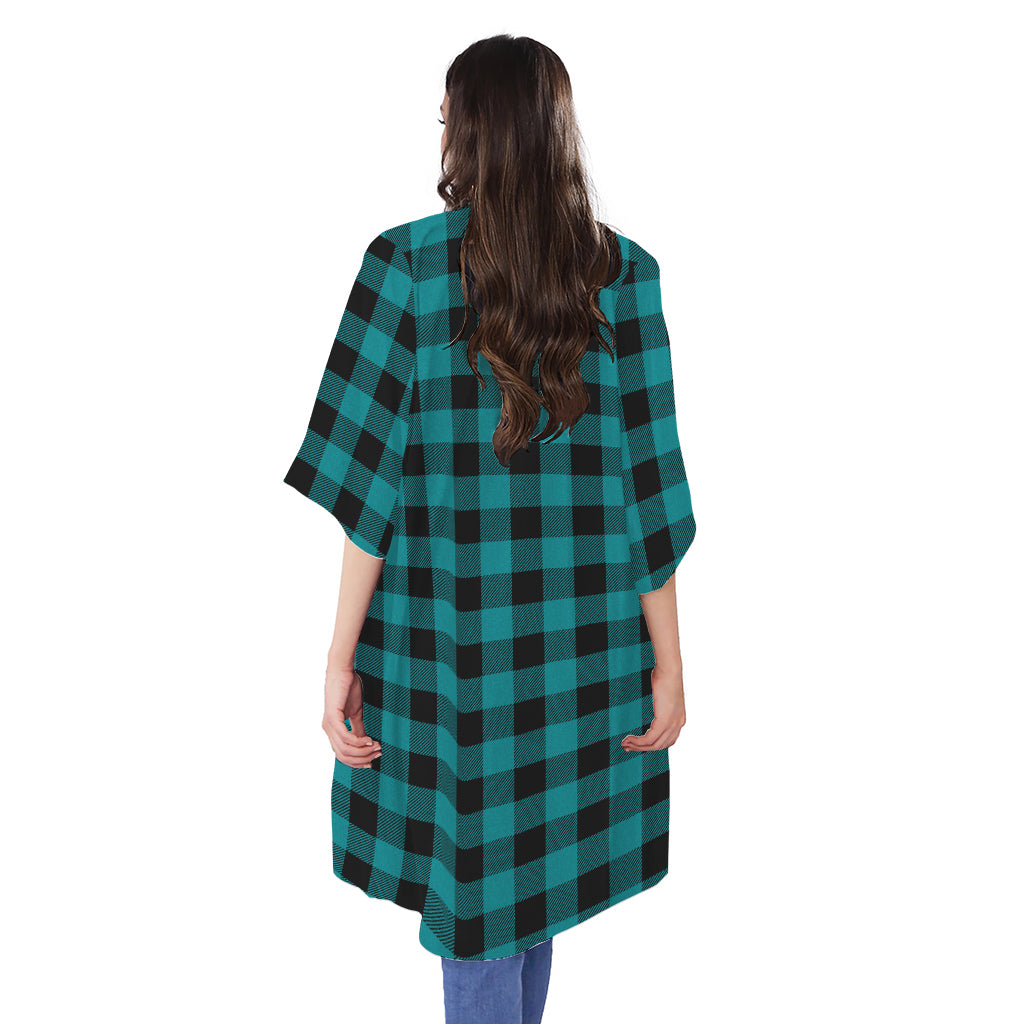 Teal And Black Buffalo Check Print Open Front Beach Cover Up