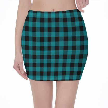 Teal And Black Buffalo Check Print Pencil Mini Skirt