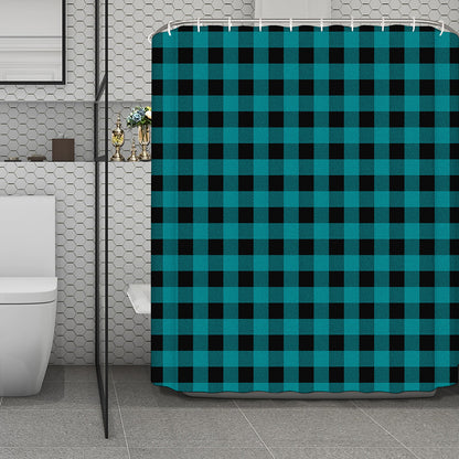Teal And Black Buffalo Check Print Polyester Shower Curtain