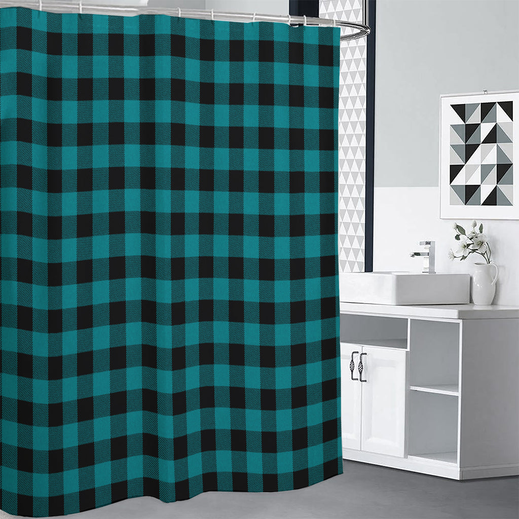 Teal And Black Buffalo Check Print Premium Shower Curtain