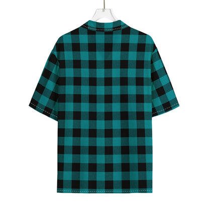 Teal And Black Buffalo Check Print Rayon Hawaiian Shirt
