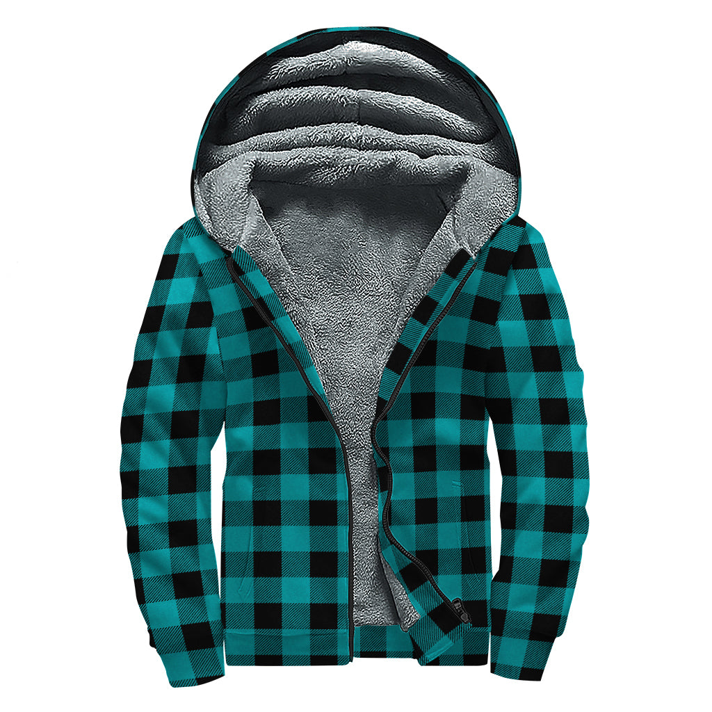 Teal And Black Buffalo Check Print Sherpa Lined Zip Up Hoodie