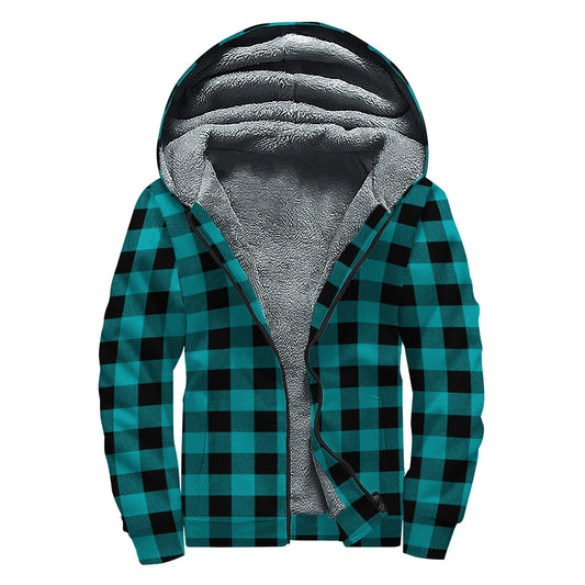 Teal And Black Buffalo Check Print Sherpa Lined Zip Up Hoodie